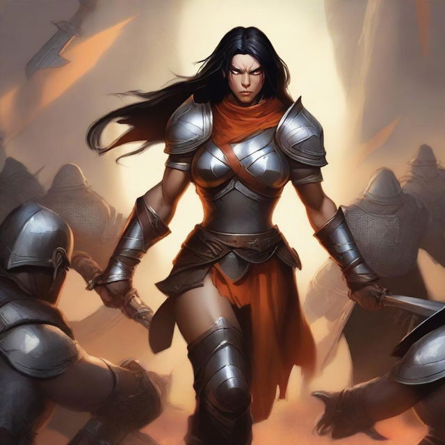 A high-quality digital art image depicts a very muscular yet charismatic female half-orc paladin