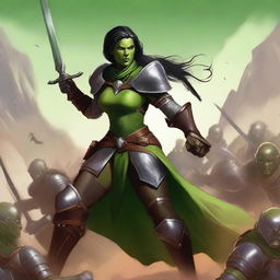 This high-quality digital art portrays a charismatic female half-orc paladin with green skin, pointed ears, and prominent fangs