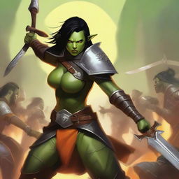 This high-quality digital art portrays a charismatic female half-orc paladin with green skin, pointed ears, and prominent fangs