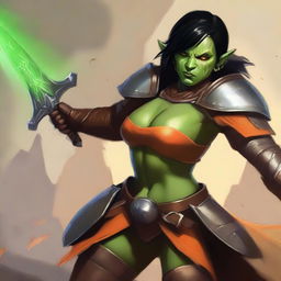 This high-quality digital art portrays a charismatic female half-orc paladin with green skin, pointed ears, and prominent fangs