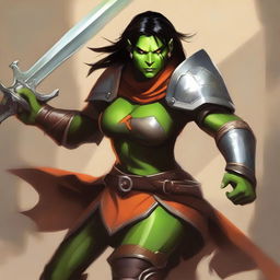 This high-quality digital art portrays a charismatic female half-orc paladin with green skin, pointed ears, and prominent fangs