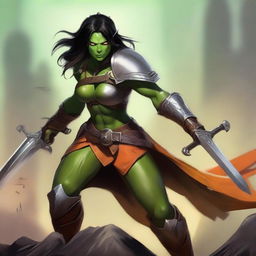 An expertly rendered digital art image showcases a muscular yet charismatic female half-orc paladin with green skin, pointed ears, and prominent fangs