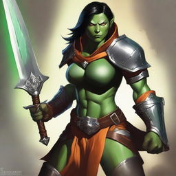 An expertly rendered digital art image showcases a muscular yet charismatic female half-orc paladin with green skin, pointed ears, and prominent fangs