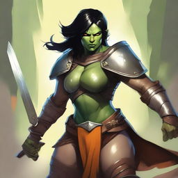 An expertly rendered digital art image showcases a muscular yet charismatic female half-orc paladin with green skin, pointed ears, and prominent fangs