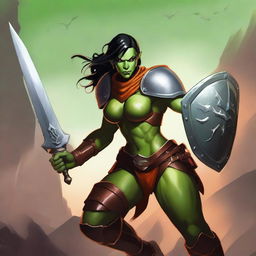 An expertly rendered digital art image showcases a muscular yet charismatic female half-orc paladin with green skin, pointed ears, and prominent fangs