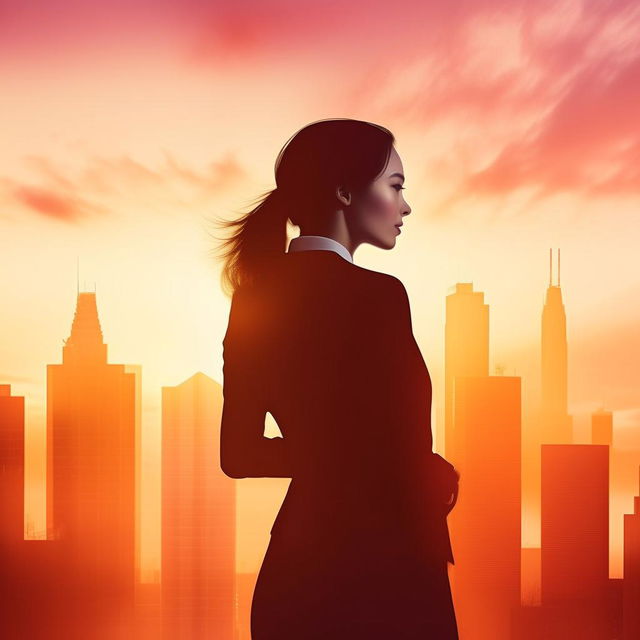 An eBook cover representing female entrepreneurship, incorporating a confident woman in business attire, an urban skyline at sunset, and symbols of progress and success.