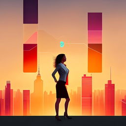 An eBook cover representing female entrepreneurship, incorporating a confident woman in business attire, an urban skyline at sunset, and symbols of progress and success.