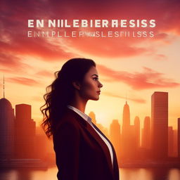 An eBook cover representing female entrepreneurship, incorporating a confident woman in business attire, an urban skyline at sunset, and symbols of progress and success.