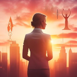 An eBook cover representing female entrepreneurship, incorporating a confident woman in business attire, an urban skyline at sunset, and symbols of progress and success.