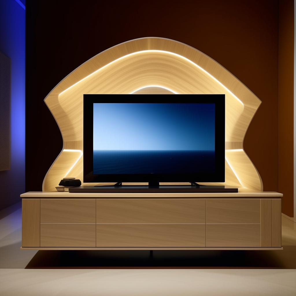 A modern LED TV screen integrated into a sophisticated piece of furniture, showcasing a fusion of technology and design.