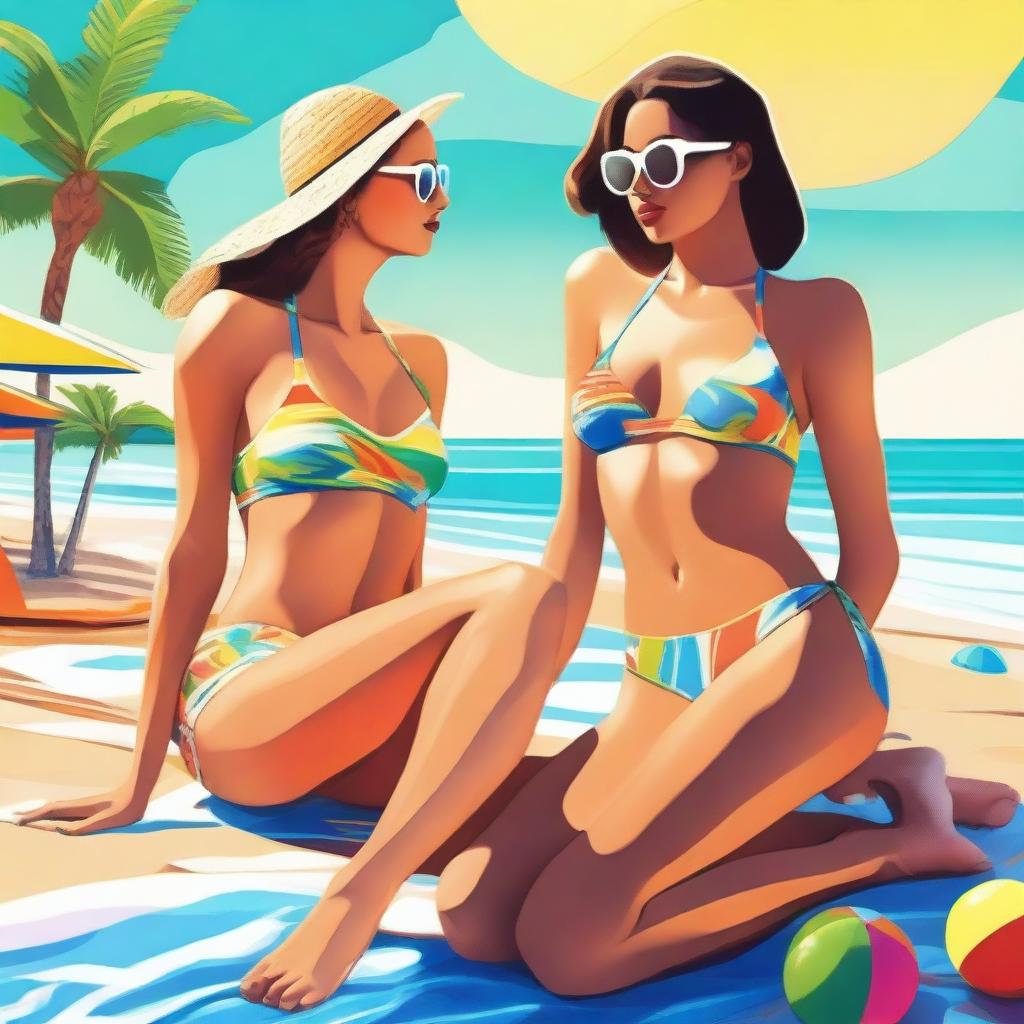 A high-quality digital art piece featuring two women in stylish bikinis, lounging on a sunny beach