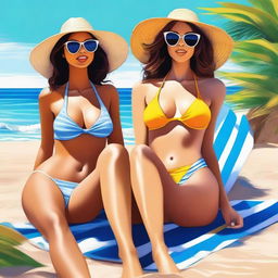 A high-quality digital art piece featuring two women in stylish bikinis, lounging on a sunny beach