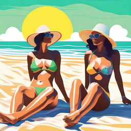 A high-quality digital art piece featuring two women in stylish bikinis, lounging on a sunny beach