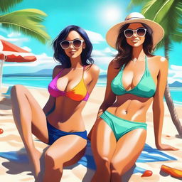 A high-quality digital art piece featuring two women in stylish bikinis, lounging on a sunny beach