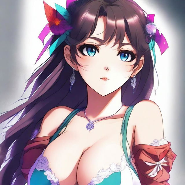 This is a highest quality digital art of a beautiful anime girl with large breasts