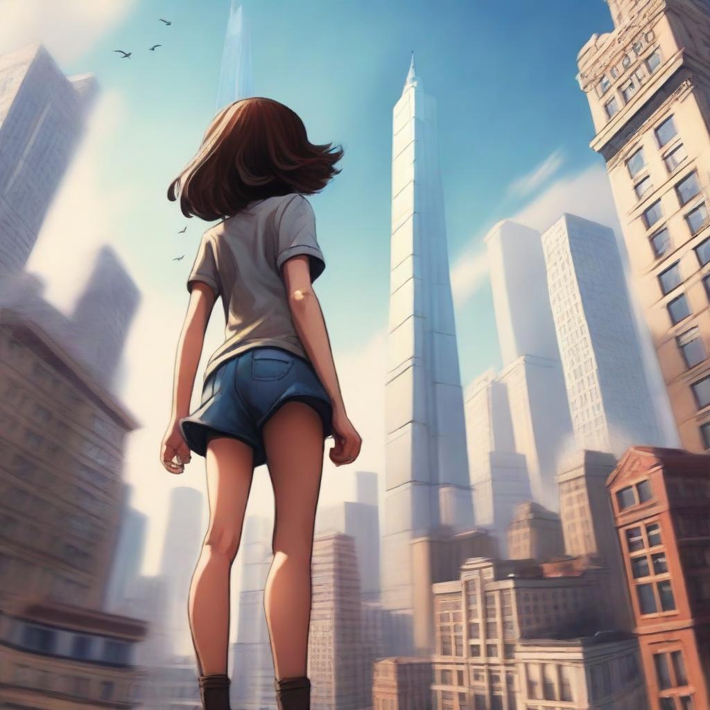 A high-quality digital art image depicting a girl experiencing giantess growth