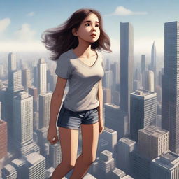 A high-quality digital art image depicting a girl experiencing giantess growth