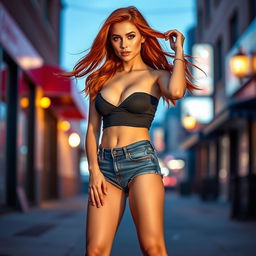 An alluring, sexy 24-year-old redhead woman, confidently posed, wearing short denim shorts that highlight her toned legs, complemented by stylish high heels