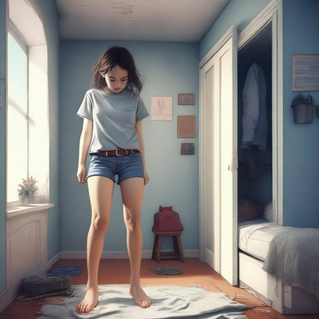 An engaging digital art piece illustrating a girl experiencing giantess growth in a small room