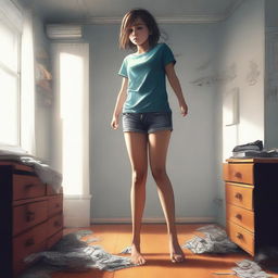 An engaging digital art piece illustrating a girl experiencing giantess growth in a small room