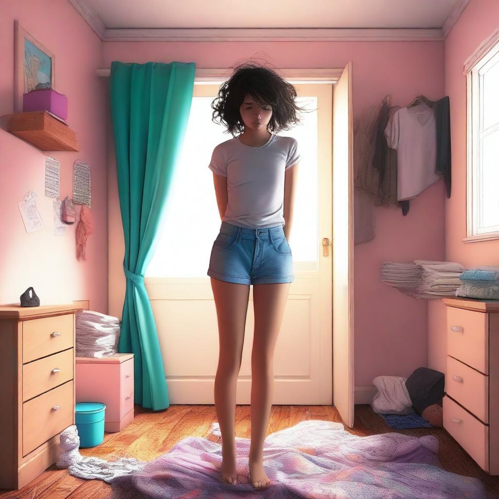 An engaging digital art piece illustrating a girl experiencing giantess growth in a small room