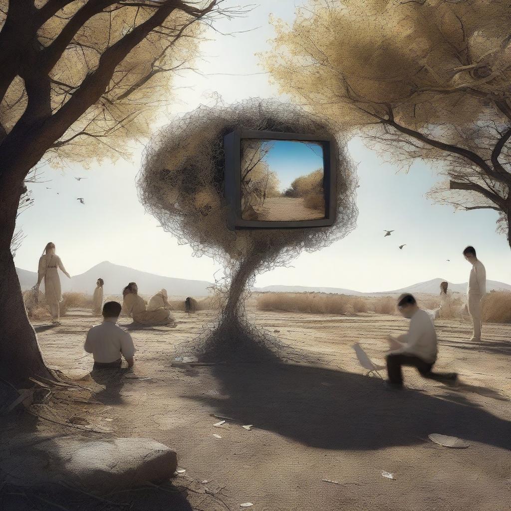 A high-quality, photo-realistic digital art piece set in an outdoor environment, capturing a series of absurd, unconnected surreal visions