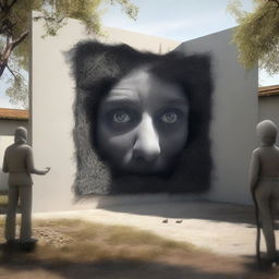 A high-quality, photo-realistic digital art piece set in an outdoor environment, capturing a series of absurd, unconnected surreal visions