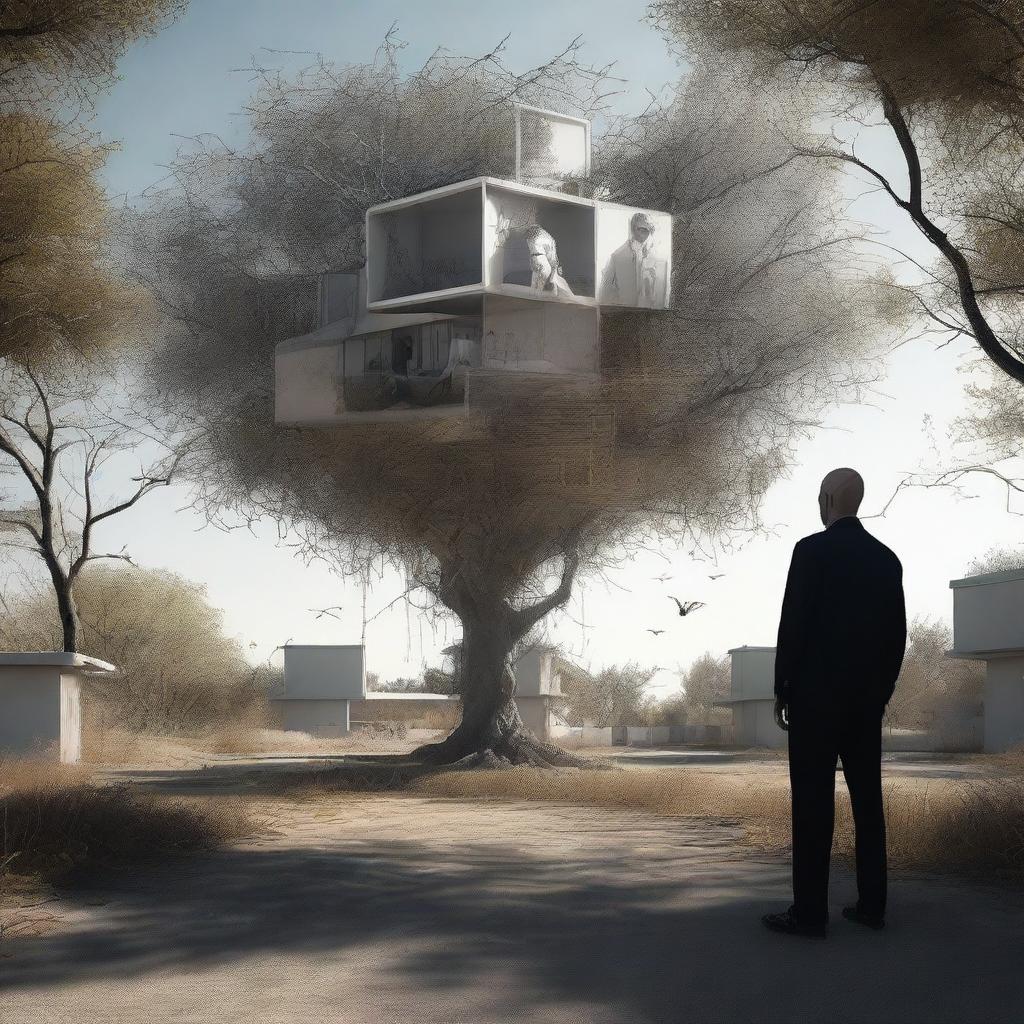 A high-quality, photo-realistic digital art piece set in an outdoor environment, capturing a series of absurd, unconnected surreal visions