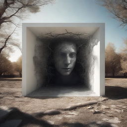 A high-quality, photo-realistic digital art piece set in an outdoor environment, capturing a series of absurd, unconnected surreal visions