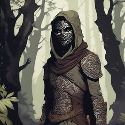 This is a digital art image of an Earth Genasi rogue, a character with earth-toned skin and black eyes, adorned with intricate vine patterns on their face