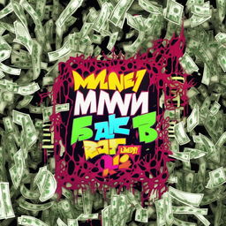 A vibrant music album cover featuring the title 'Money in the Bag', with dynamic graffiti-like typography. The artists 'Gio Vá NN ft D Lírio & Eddy' are spotlighted in stylish, bold fonts. The background teems with abstract cash symbols.