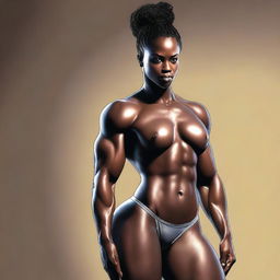 A digital art image of a muscular, ebony woman with a confident and sexy aura