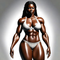 A digital art image of a muscular, ebony woman with a confident and sexy aura