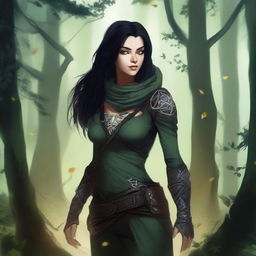 A high-quality digital art image depicting an Earth Genasi rogue with light skin and black hair