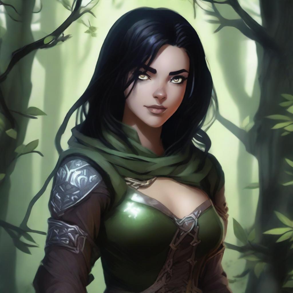 A high-quality digital art image depicting an Earth Genasi rogue with light skin and black hair