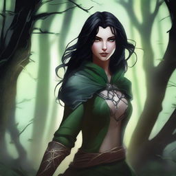 A high-quality digital art image depicting an Earth Genasi rogue with light skin and black hair