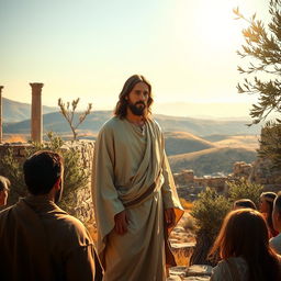 A serene and spiritual depiction of Jesus standing in a picturesque Syrian landscape, surrounded by ancient ruins and olive trees