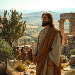 A serene and spiritual depiction of Jesus standing in a picturesque Syrian landscape, surrounded by ancient ruins and olive trees