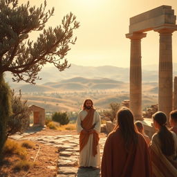 A serene and spiritual depiction of Jesus standing in a picturesque Syrian landscape, surrounded by ancient ruins and olive trees