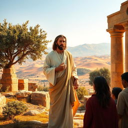A serene and spiritual depiction of Jesus standing in a picturesque Syrian landscape, surrounded by ancient ruins and olive trees