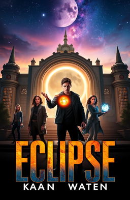 A captivating cover for the book *Eclipse*, featuring Kael standing confidently in front of the futuristic and mysterious *Lunar Academy*