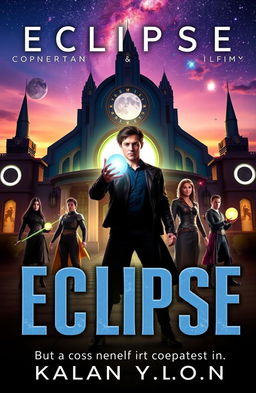 A captivating cover for the book *Eclipse*, featuring Kael standing confidently in front of the futuristic and mysterious *Lunar Academy*