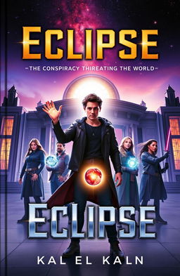 A captivating cover for the book *Eclipse*, featuring Kael standing confidently in front of the futuristic and mysterious *Lunar Academy*