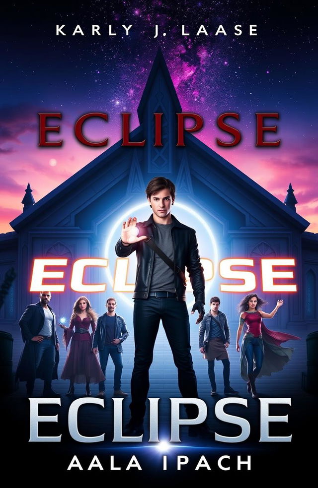 A captivating cover for the book *Eclipse*, featuring Kael standing confidently in front of the futuristic and mysterious *Lunar Academy*