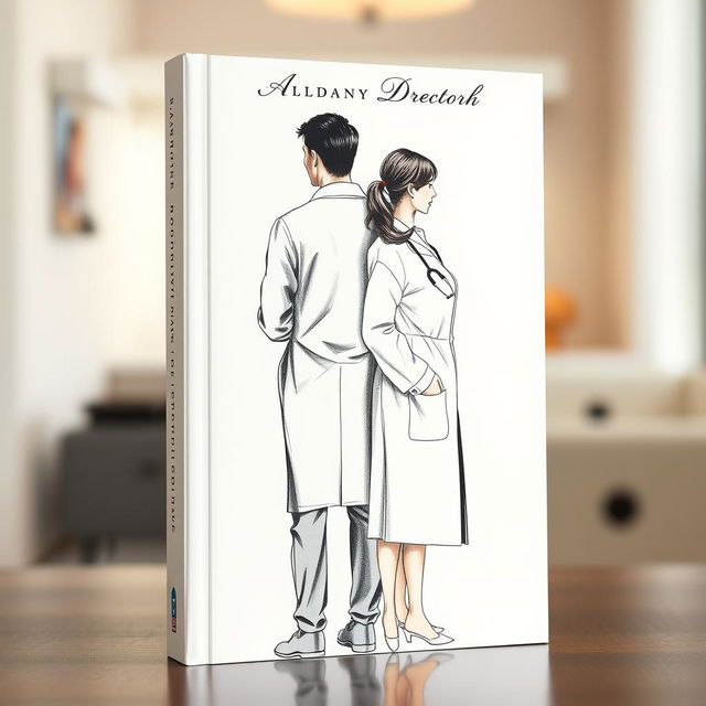 An engaging and beautiful book cover featuring a body sketch of a female doctor in a white lab coat standing with her back turned to a man