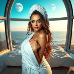 A full-body image of a 50-year-old MILF woman, elegantly covered with a white towel, another towel wrapped around her head