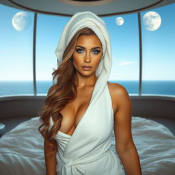 A full-body image of a 50-year-old MILF woman, elegantly covered with a white towel, another towel wrapped around her head