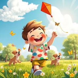 A whimsical and cheerful scene featuring a jolly young boy with a round face and chubby cheeks, wearing a colorful t-shirt and shorts, playing joyfully in a sunny park filled with green grass and flowers