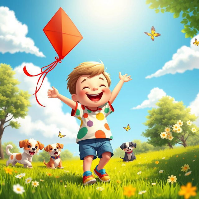 A whimsical and cheerful scene featuring a jolly young boy with a round face and chubby cheeks, wearing a colorful t-shirt and shorts, playing joyfully in a sunny park filled with green grass and flowers