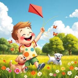 A whimsical and cheerful scene featuring a jolly young boy with a round face and chubby cheeks, wearing a colorful t-shirt and shorts, playing joyfully in a sunny park filled with green grass and flowers